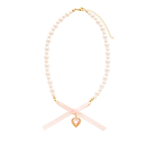 Elegant pearl necklace featuring a pink silk bow and heart-shaped zircon pendant