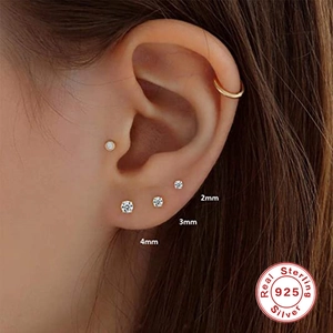 Set of three S925 sterling silver mini stud earrings with 2mm 3mm 4mm clear cubic zirconia