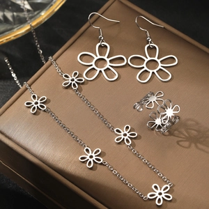 Detailed view of silver stainless steel jewelry set with hollow flower patterns on leather box