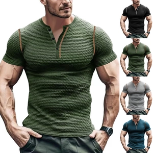 Chemise Henley Homme Manches Courtes Nylon Élasthanne Texture Gaufre Slim Fit Respirant 3D Sport Casual Tops