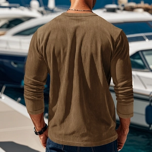 Back view of brown ribbed long sleeve tee showing textured corduroy fabric fit