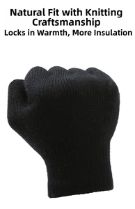Detail of black knitted gloves showing fine texture and flexible fit for winter warmth