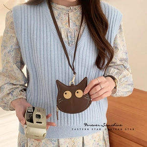Cute Cat Face Shape Coin Purse PU Leather Hanging Neck Mini Card Holder For Women Girls Cartoon Small Storage Pouch