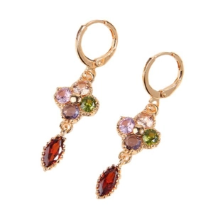 Elegant gold clover drop earrings with colorful zircon stones in red and purple