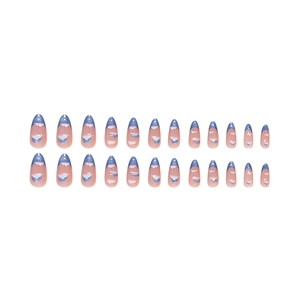 Blaue Glitzer French Mandel-Kunstnägel mit weißen Wolkenmustern, Set mit 24 Stück