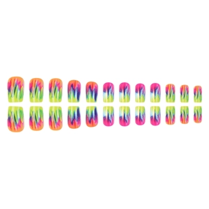 Set of 24 colorful tie-dye square press-on nails with vibrant abstract art patterns
