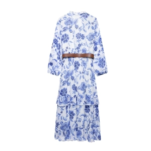 Robe midi bleue à imprimé orchidée avec manches longues et ceinture pour femmes