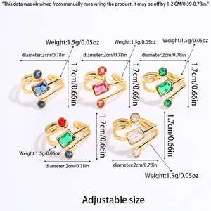 Detailed size chart showing adjustable gold rings with colorful gemstones and measurements