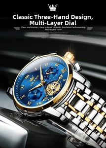 Macro detail of men's business watch featuring a sunray blue dial and gold steel strap