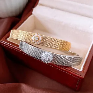 18K gold and silver plated woven mesh bracelets with zircon flower accents in a vintage box