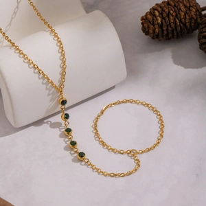18K gold plated stainless steel finger chain with geometric olive green zircons