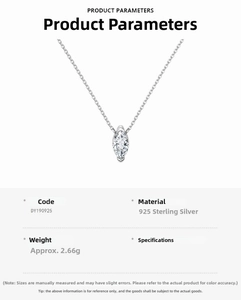 Detail of S925 sterling silver necklace featuring marquise-cut zircon with technical data
