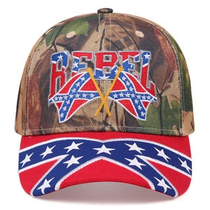 Detail of REBEL embroidery and confederate flag patterns on a camouflage tactical cap