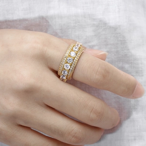 Men's hip hop spinner ring with five rows of round zircons in a gold-plated finish