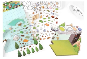 Detail of camping themed PET stickers featuring tent, bonfire and forest illustrations