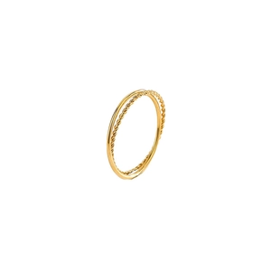 Minimalist double layer golden ring with smooth band and twisted rope texture design