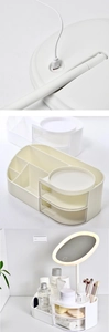 Detail of white makeup organizer with LED mirror, multiple compartments and transparent drawers