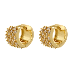 Elegant gold huggie earrings with four rows of micro-pave cubic zirconia on white background