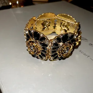 Vintage gold rose flower bracelet with black gemstones and crystals in French style