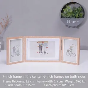 Nordic style triple folding wooden photo frame with natural wood grain for table decor