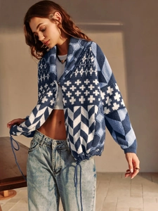Women's blue and white geometric knit cardigan with Y2K abstract pattern and long sleeves