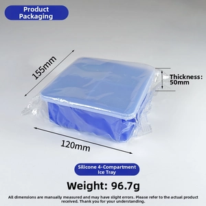 Detailed size specifications for 4-cavity blue silicone ice cube tray with clear lid