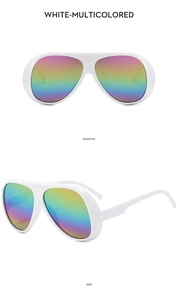 Detailed views of white oversized cycling sunglasses with colorful gradient lenses