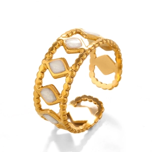 Vintage style gold plated adjustable open ring with white diamond shaped enamel inserts