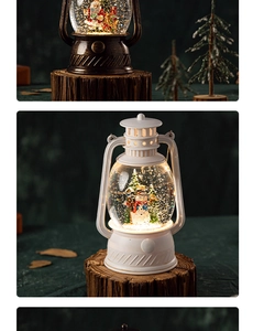 Detail of vintage Christmas lantern music box with Santa scenes and warm glowing light