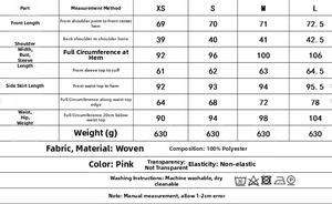 Size chart for pink satin suit set including blazer and skirt measurements