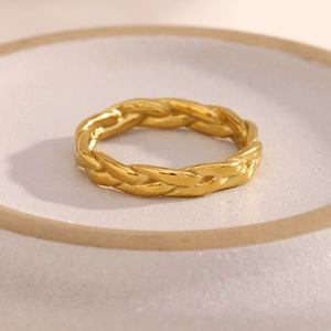 Minimalist 18K gold plated stainless steel braided ring with matte finish texture
