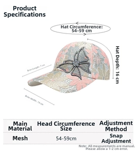 Size chart for lace baseball cap with rhinestone butterfly and mesh fabric detail