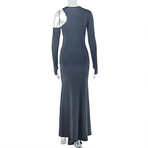 Detail of dark grey one-shoulder long sleeve dress with ruched bodycon fit from back view