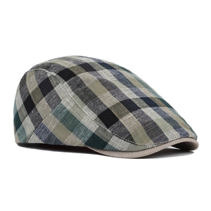 Side view of a vintage plaid flat cap featuring breathable cotton linen fabric texture