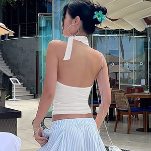 Detailed back view of white halter top with backless design and ribbed knit texture