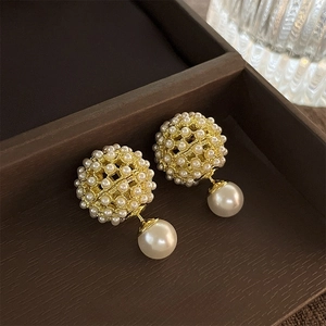 Artificial Pearl Cluster Stud Earrings Vintage Hollow Mesh Gold Copper Fashion Jewelry With 925 Sterling Silver Earring Post