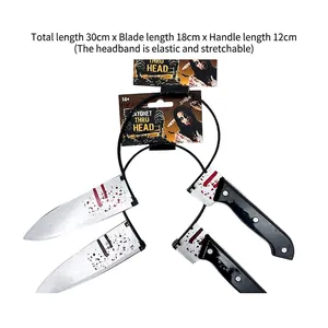 Detail of Halloween bloody knife headband prop with dimensions and blister card packaging