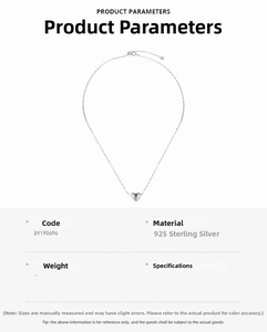 Macro shot of 925 sterling silver heart pendant necklace with technical specifications