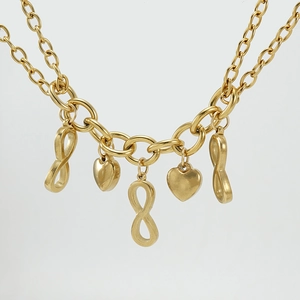 Bracelet en acier inoxydable plaqué or 18 carats avec symboles infini et pendentifs cœur