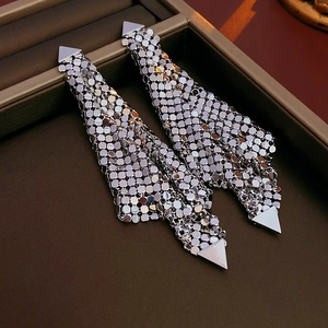 Detailed view of silver mesh tassel earrings with shimmering metal sequins in a jewelry box