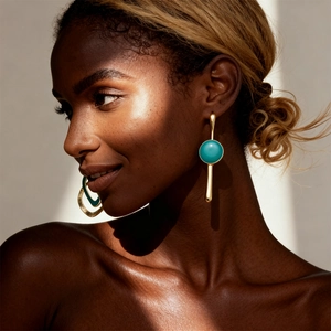 Golden earrings with turquoise inlay on model showcasing modern geometric style