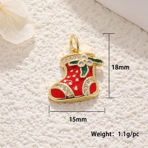 Christmas stocking pendant in gold-plated copper with red enamel and clear gemstones