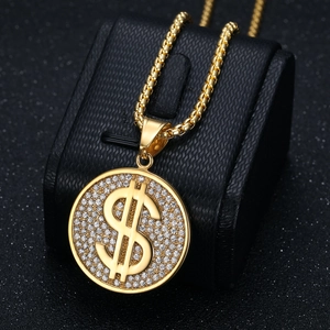 Collier hip hop plaqué or avec pendentif dollar serti de cristaux sur une chaîne box