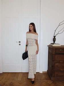 Elegant off-shoulder crochet maxi dress in cream white with a hollow knit slim fit