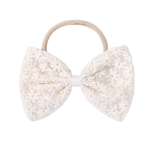 Infant lace bow headband with daisy embroidery and high elastic soft nylon band