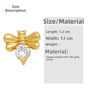 Detail view of 18K gold plated bee stud earring with clear zircon inlay and dimensions