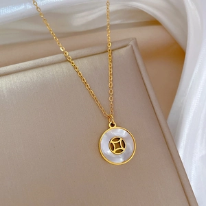 Detailed close-up of a titanium steel necklace with a round shell and coin pendant