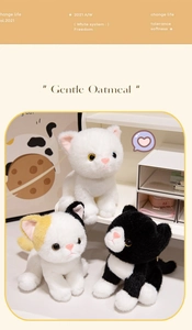 Detailed plush cat charms in white, black-white, and yellow-white realistic faux fur textures