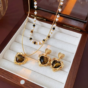 Vintage Heart Tiger Eye Jewelry Necklace And Earrings Double Layer Beaded Copper Chain Gold Plated For Women