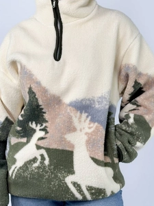 Women's mountain print half-zip fleece sweatshirt in cream with winter landscape detail